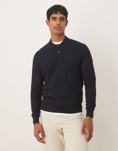 Mango cotton mix long sleeve knit polo top in navy - view 1