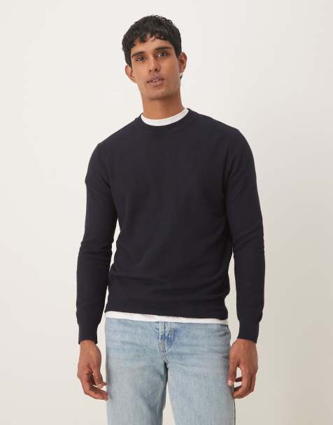 Mango cotton mix long sleeve knit top in navy - view 1