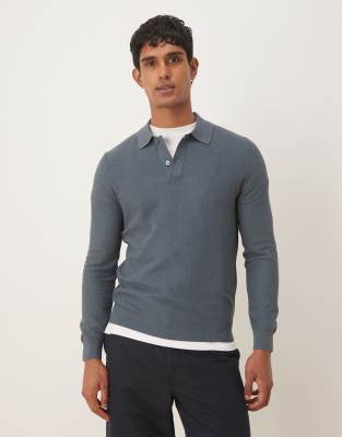 Mango Mango cotton mix long sleeve knitted polo top in grey