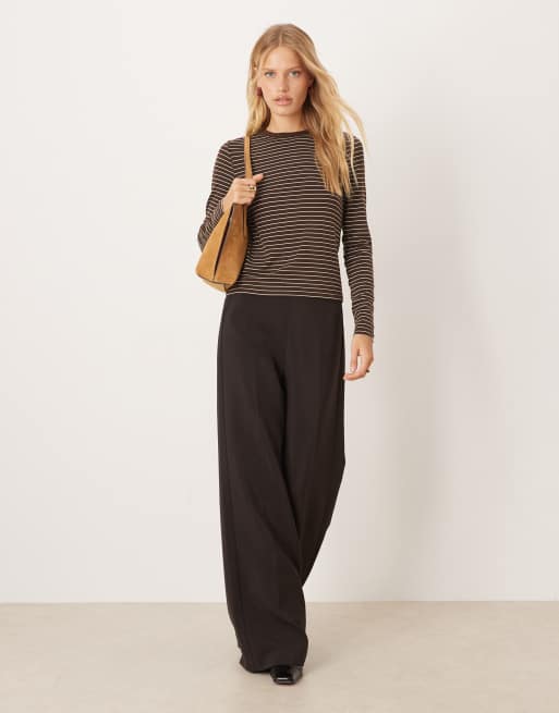 Mango cotton mix long sleeve T-shirt in brown and cream pinstripe