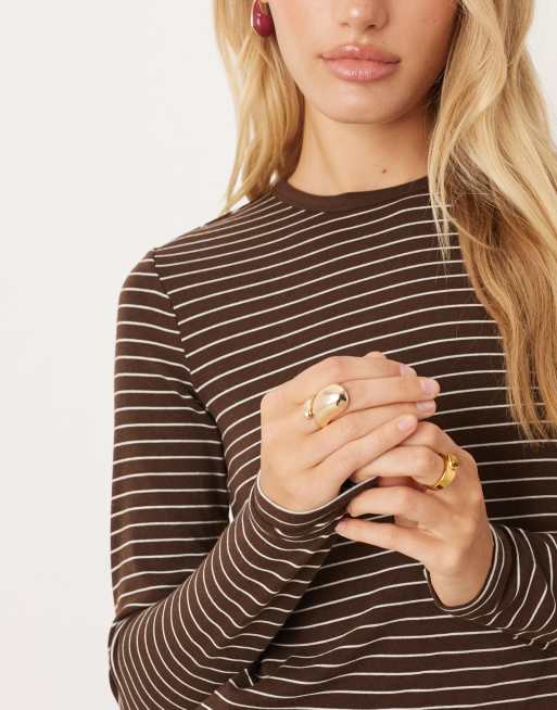Mango cotton mix long sleeve T-shirt in brown and cream pinstripe