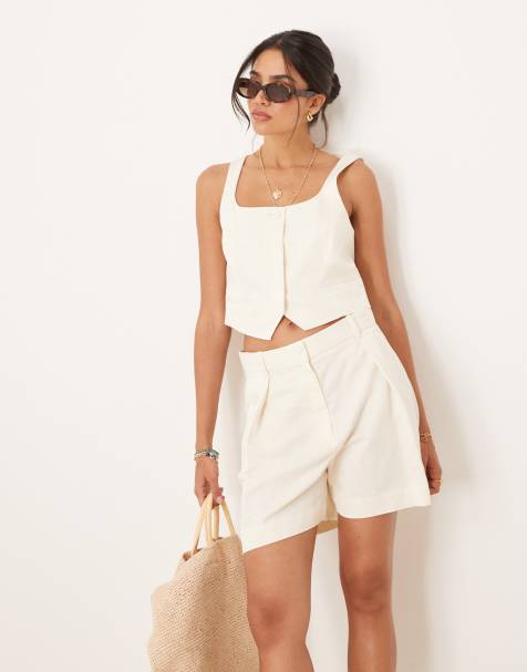 Mango cotton mix low square neck cropped vest in white - part of a set - view 1