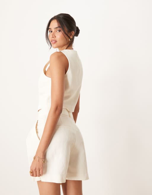 Mango cotton mix low square neck cropped waistcoat co-ord in white, 4 of 4