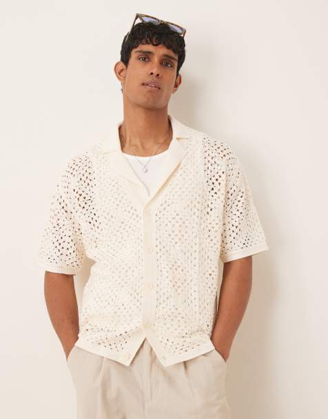 Mango cotton mix open collar crochet short sleeve shirt in white - view 1