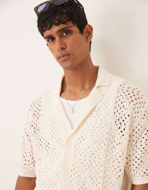 Mango cotton mix open collar crochet short sleeve shirt in