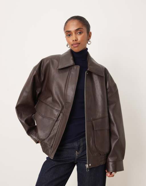 Mango cotton mix oversized faux leather jacket in chocolate brown