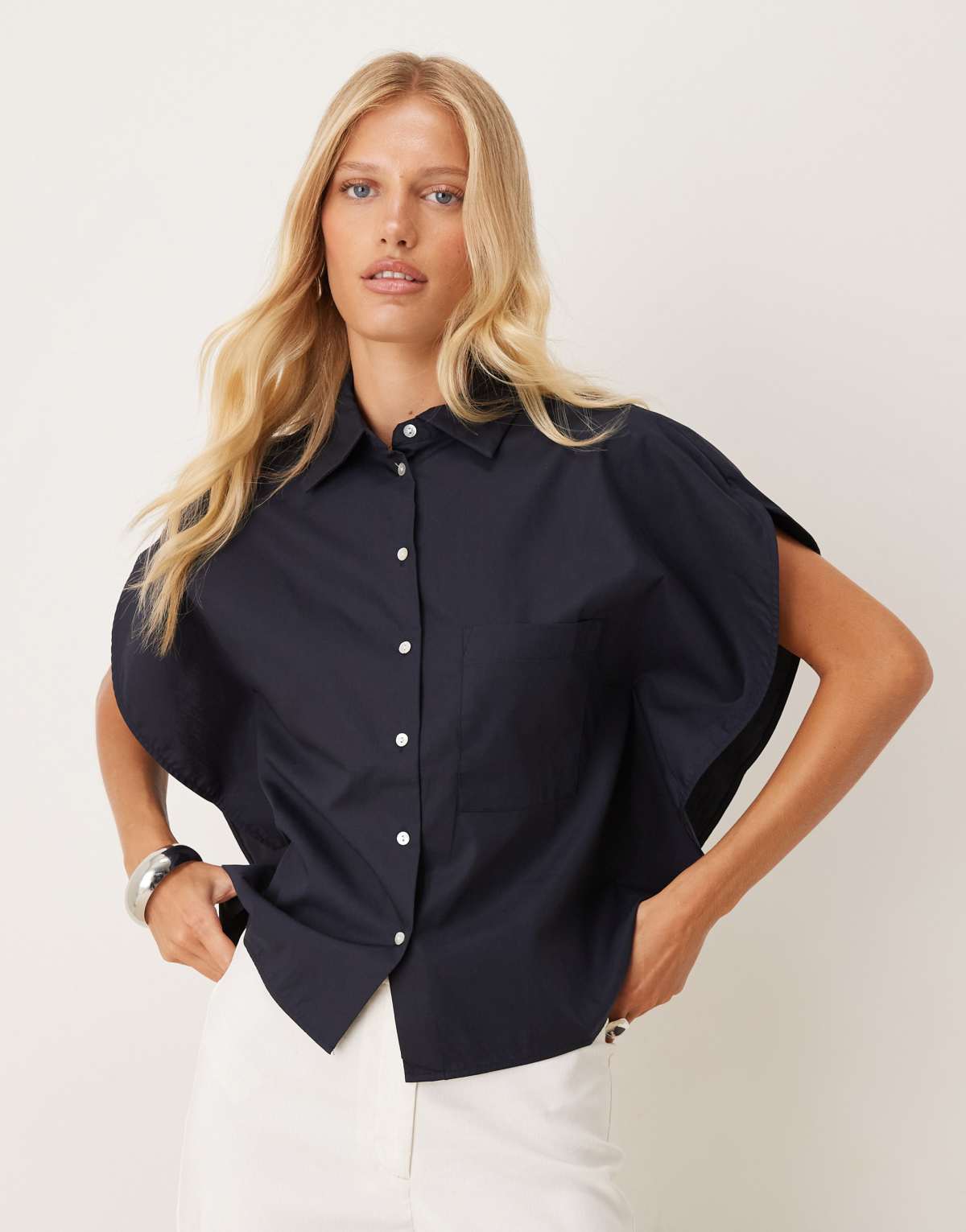 Mango cotton mix oversized short sleeve shirt in navy
