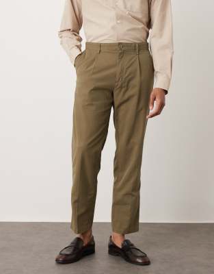 Mango Cotton Mix Pleat Front Tailored Pants In Green