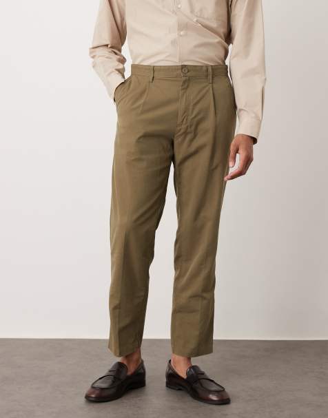 Mango cotton mix pleat front tailored pants in dark green - view 1