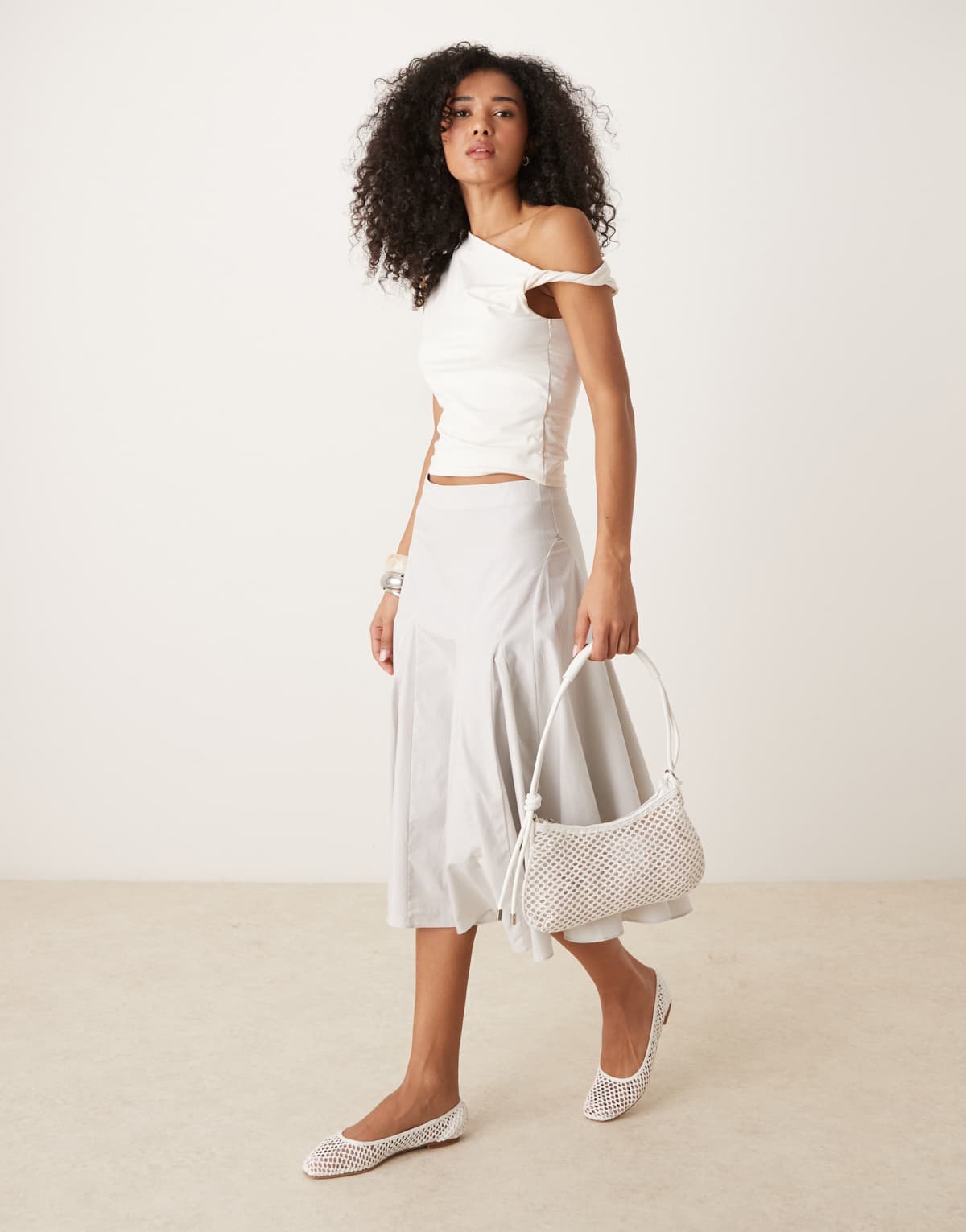 Mango cotton mix pleated midi skirt in grey