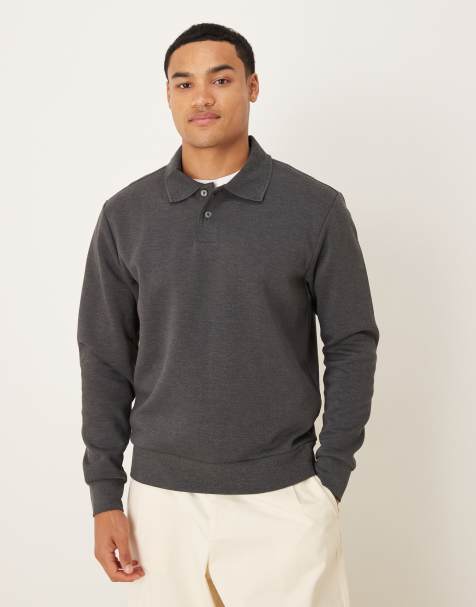 Mango cotton mix polo top in charcoal - view 1