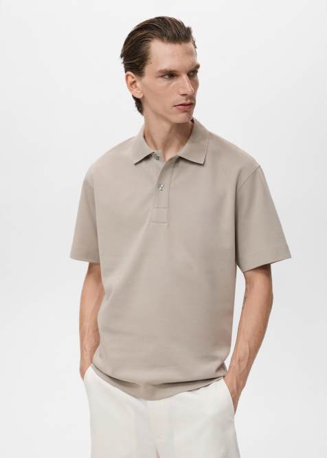 Mango cotton mix polo top in taupe - view 1