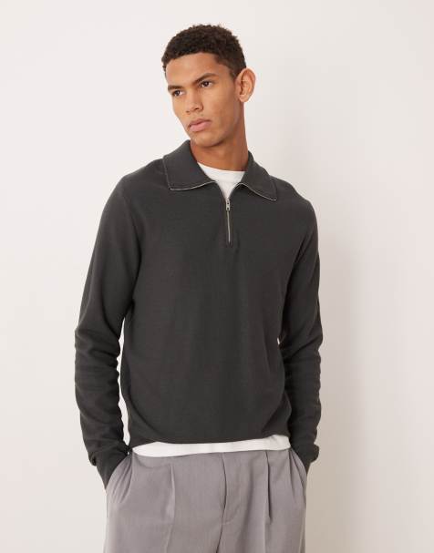 Mango cotton mix quarter zip knitted polo top in charcoal