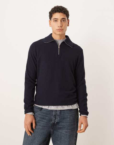 Mango cotton mix quarter zip knitted polo top in navy