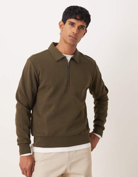 Mango cotton mix quarter zip top in khaki - view 1