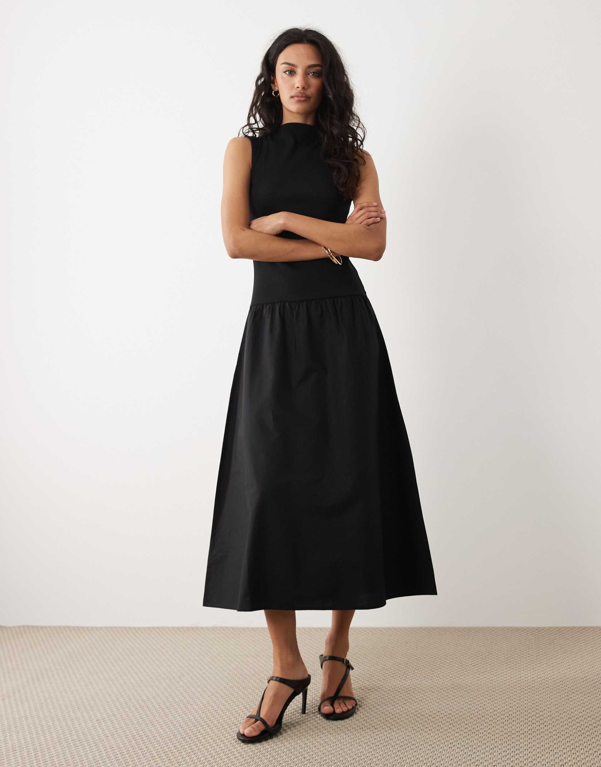 mango cotton mix racer midi dress in black