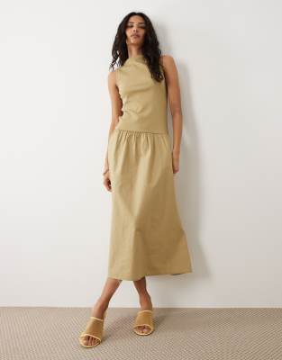 Mango Cotton Mix Racer Midi Dress In Brown