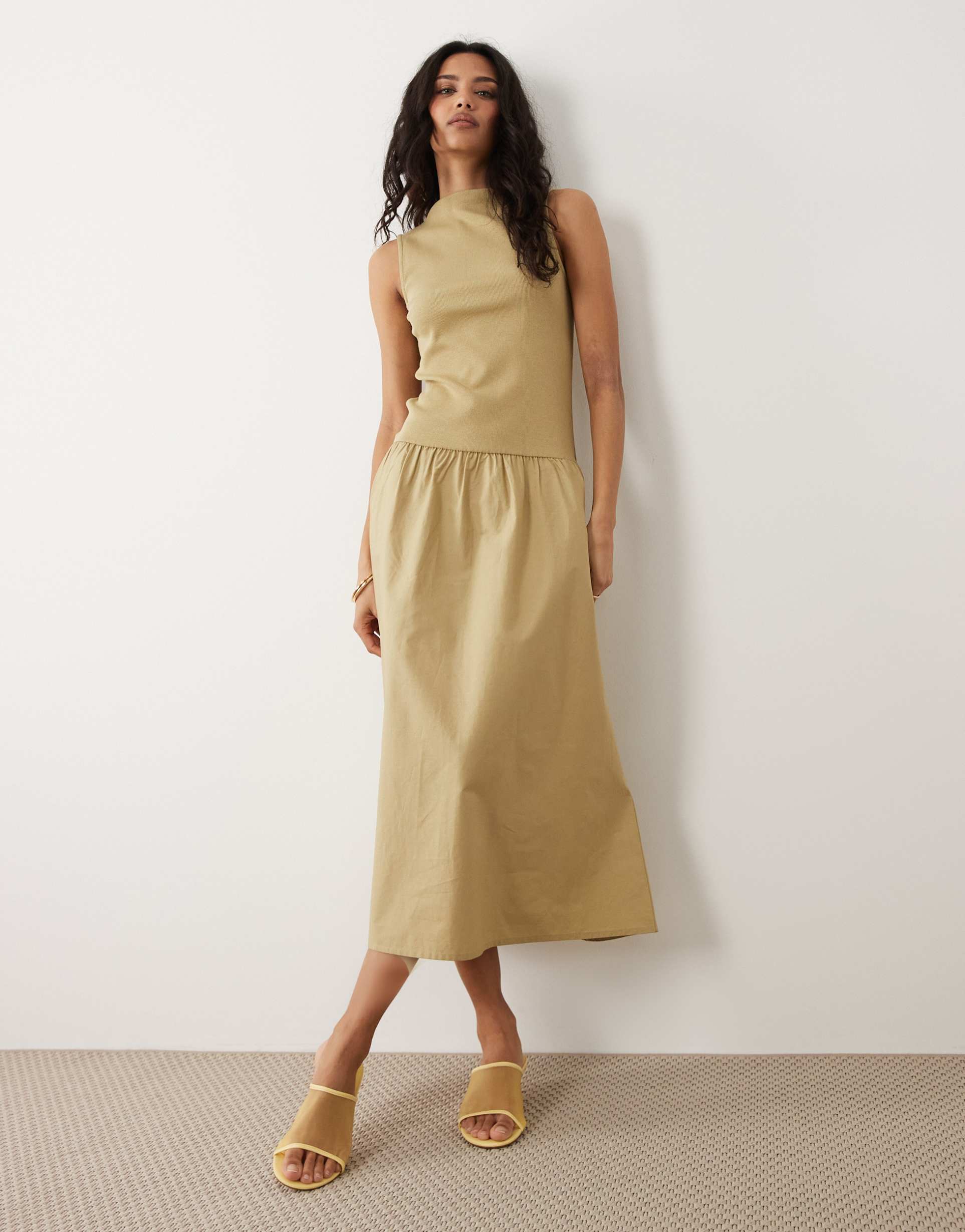 mango cotton mix racer midi dress in khaki