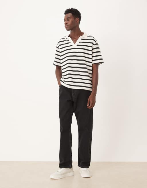 Mango cotton mix relaxed polo short sleeve top in black and white stripe, 2 of 5