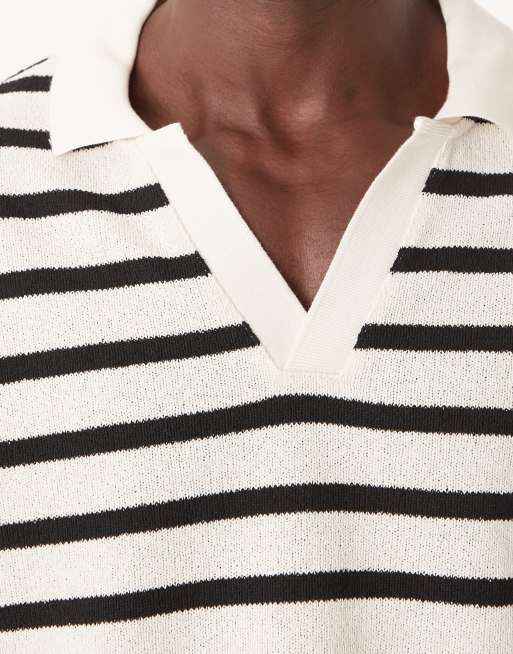 Mango cotton mix relaxed polo short sleeve top in black and white stripe, 5 of 5