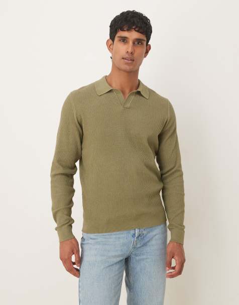 Mango cotton mix ribbed polo top in olive green - view 1