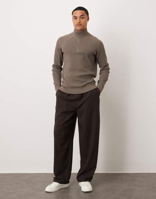 Mango cotton mix ribbed quarter zip in brown, 2 of 5