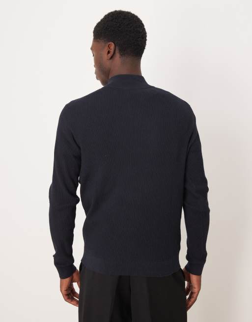 Mango cotton mix ribbed quarter zip in navy, 3 of 5