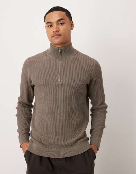 Mango cotton mix ribbed quarter zip in navy - view 1