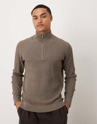 Mango cotton mix ribbed quarter zip sweater in brown