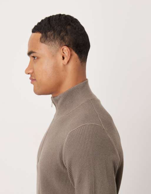 Mango cotton mix ribbed quarter zip sweater in brown | ASOS