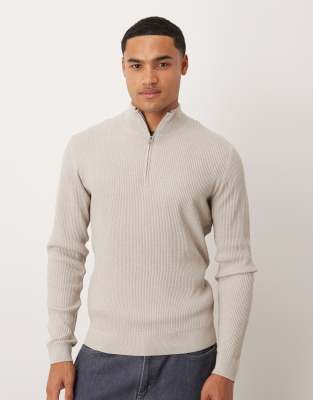 Mango Cotton Mix Ribbed Quarter Zip Sweater In Neutral
