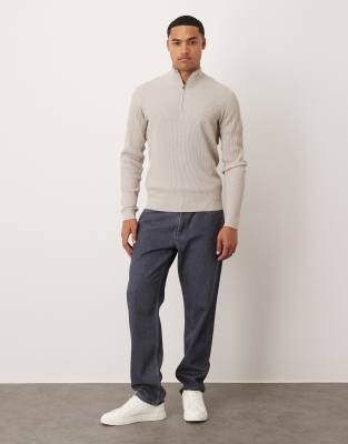 Mango Cotton Mix Ribbed Quarter Zip Sweater In Neutral