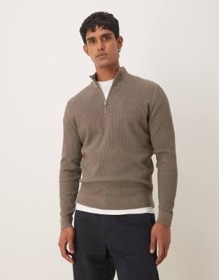 Mango Cotton Mix Ribbed Quarter Zip Sweater In Brown