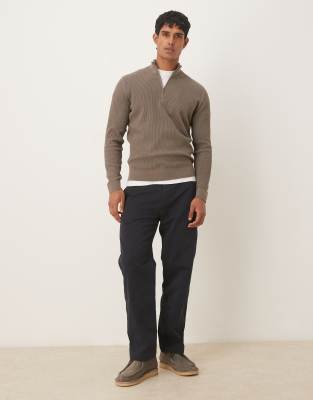 Mango Cotton Mix Ribbed Quarter Zip Sweater In Brown