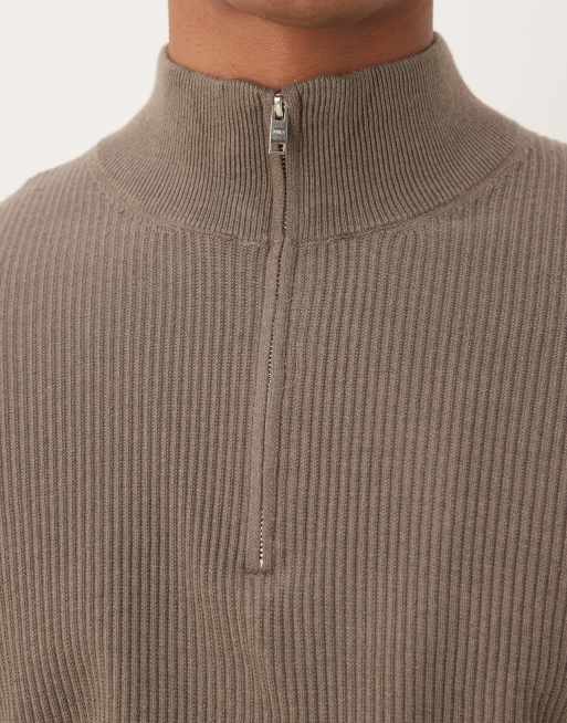 まろん　0112 Mango cotton mix ribbed quarter zip sweater in mushroom