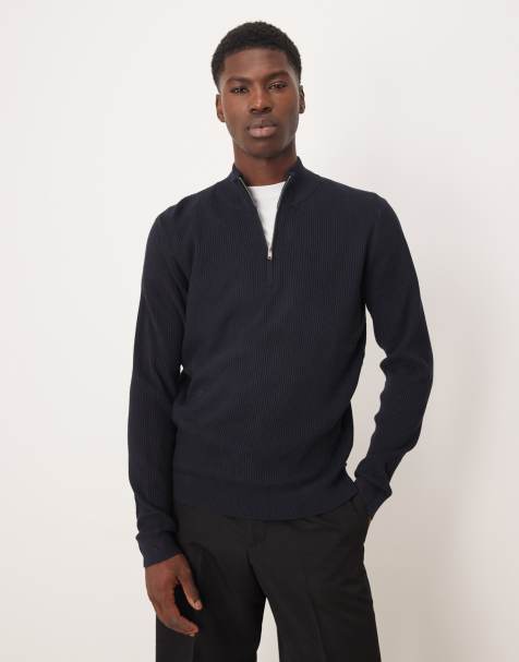 Mango cotton mix ribbed quarter zip sweater in mushroom brown - view 1