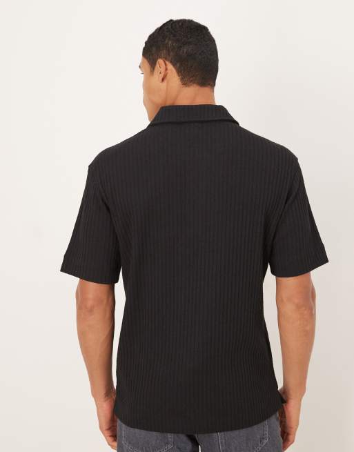 Mango cotton mix ribbed short sleeve shirt in black, 3 of 5