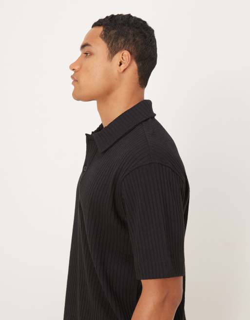 Mango cotton mix ribbed short sleeve shirt in black, 4 of 5