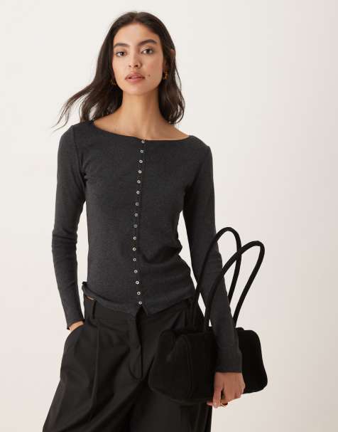 Mango cotton mix round neck cardigan in charcoal - view 1