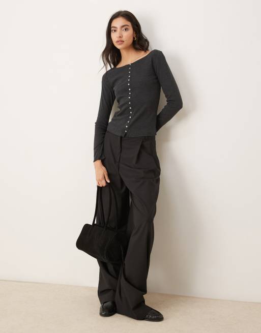 Mango cotton mix round neck cardigan in charcoal