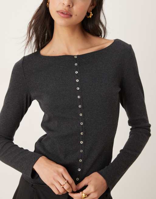 Mango cotton mix round neck cardigan in charcoal