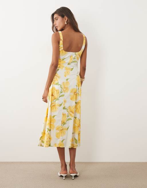 Mango cotton mix scoop neck maxi dress in yellow floral print, 2 of 4