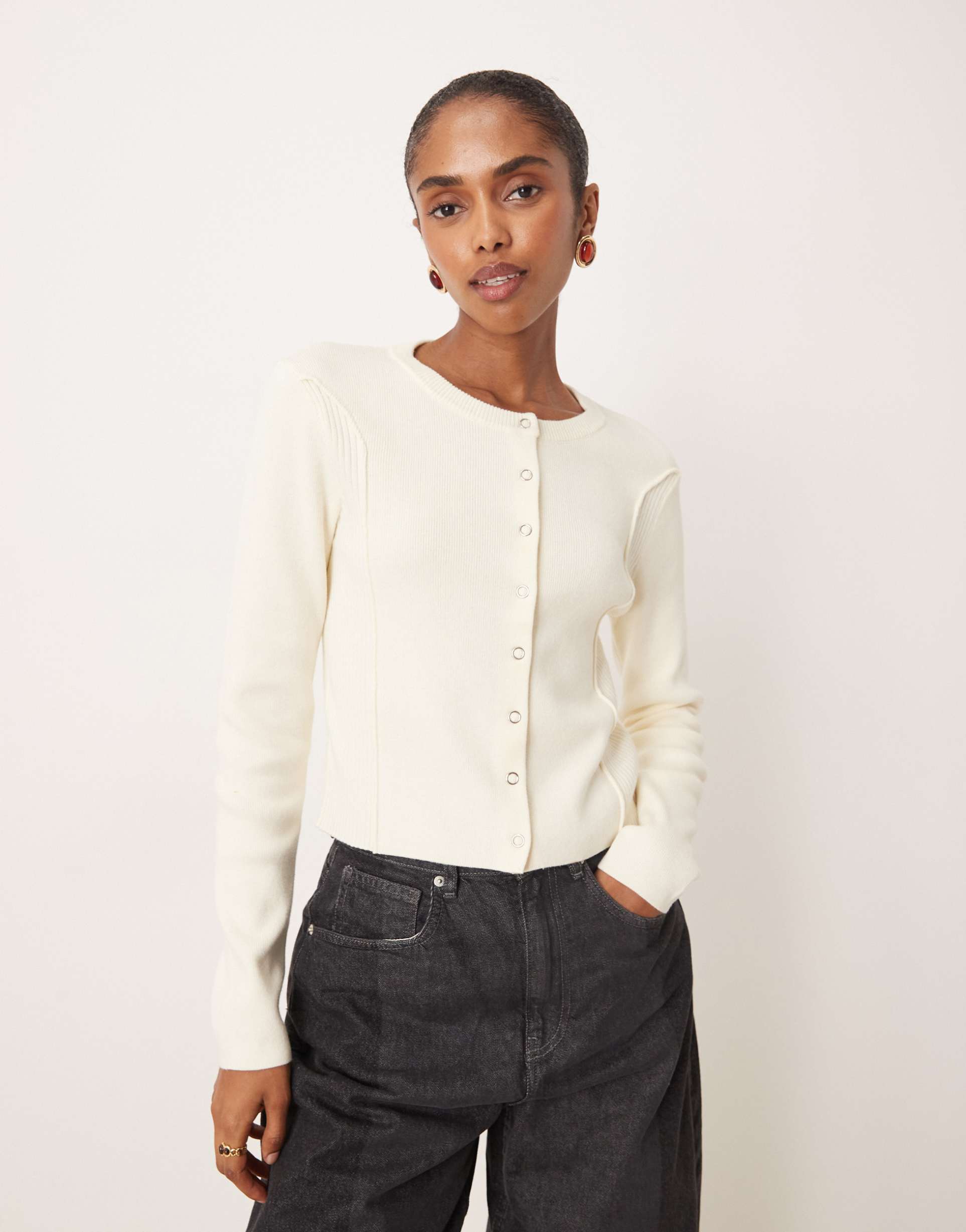 mango cotton mix seam detail cardigan in cream