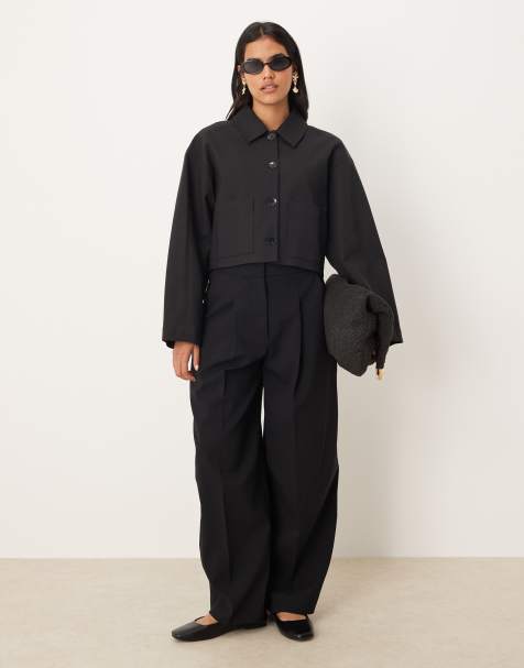 Mango cotton mix short tailored jacket and barrel trouser co-ord in black - view 1