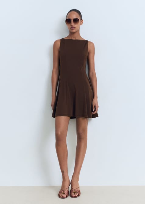 Mango cotton mix sleeveless pleat detail mini dress in brown - view 1