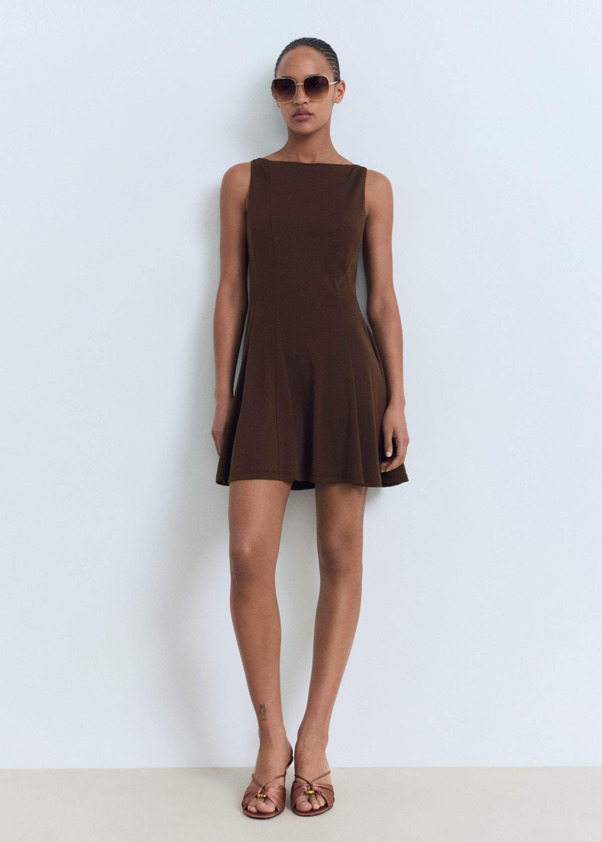 mango cotton mix sleeveless pleat detail mini dress in brown