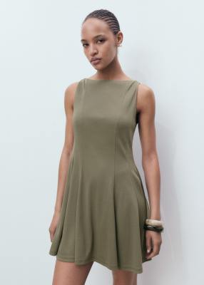 Mango Cotton Mix Sleeveless Pleat Detail Mini Dress In Green
