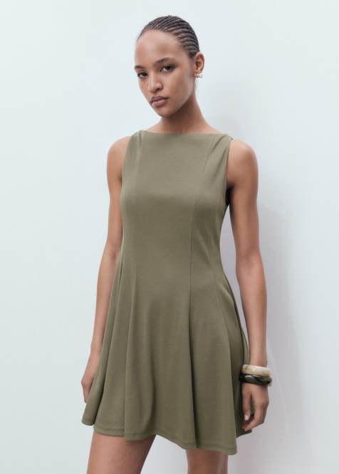 Mango cotton mix sleeveless pleat detail mini dress in khaki - view 1