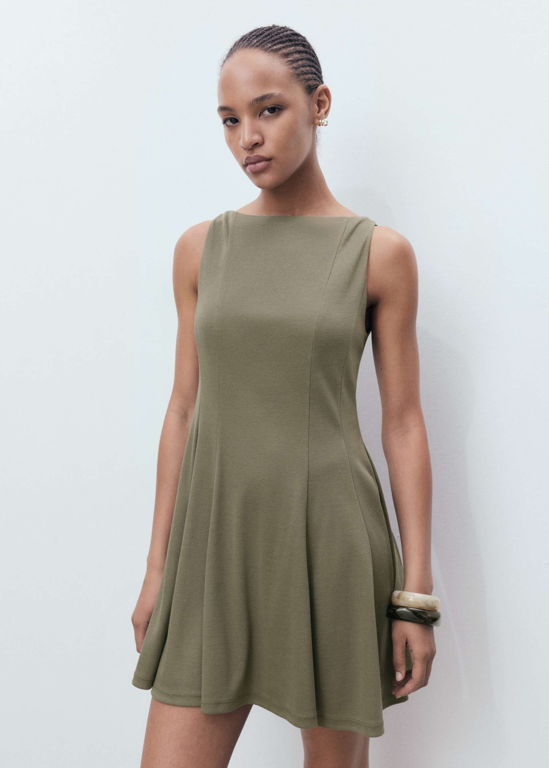 mango cotton mix sleeveless pleat detail mini dress in khaki