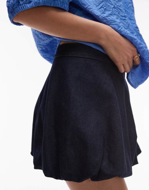 Mango cotton mix soft denim bubble mini skirt in indigo, 3 of 5